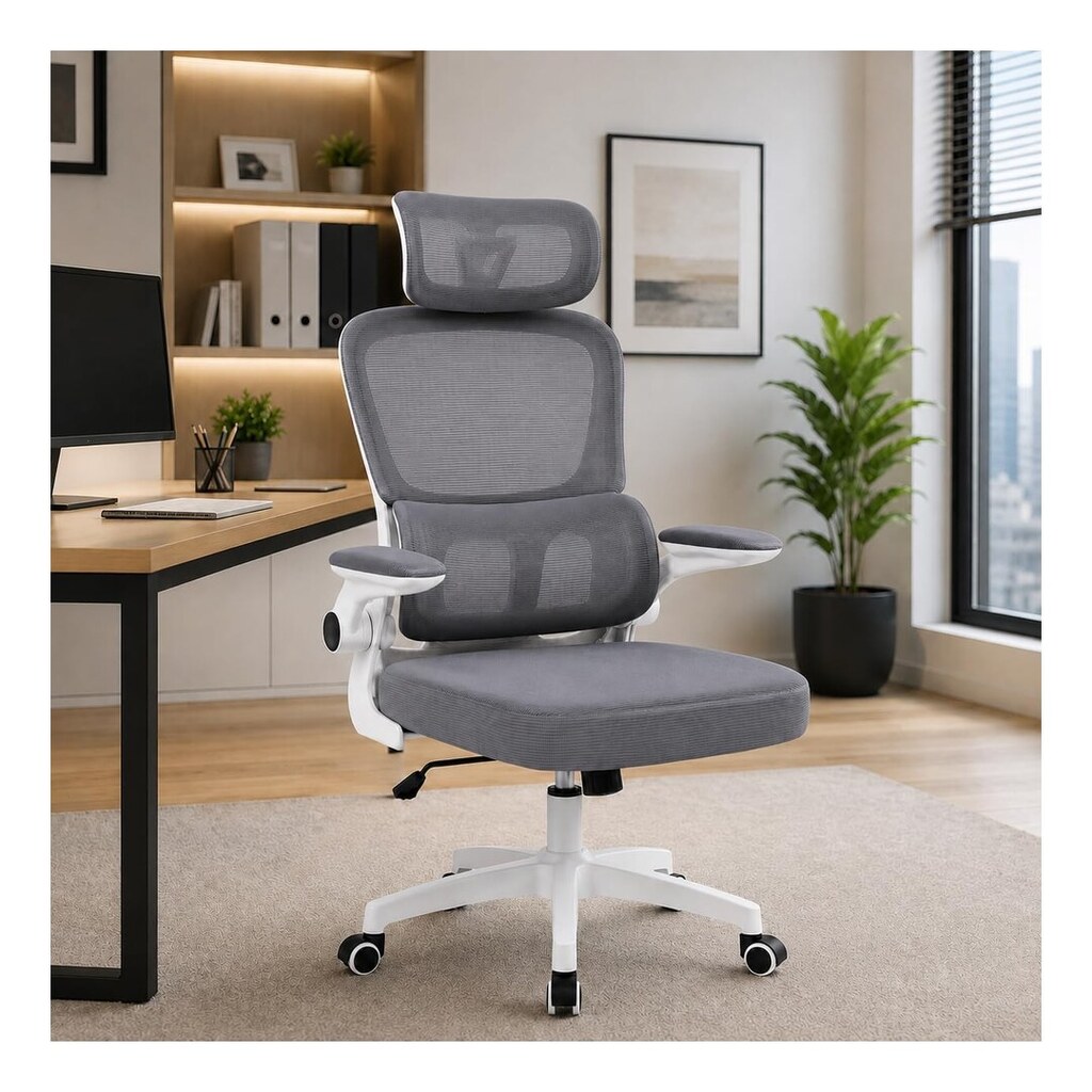 Cadeira de Escritório Suporte Lombar Ergonômico Malha Respirável Mesh Apoio Cabeça Confortavél Art Cadeiras Presidente Premium (Cinza e Branco)