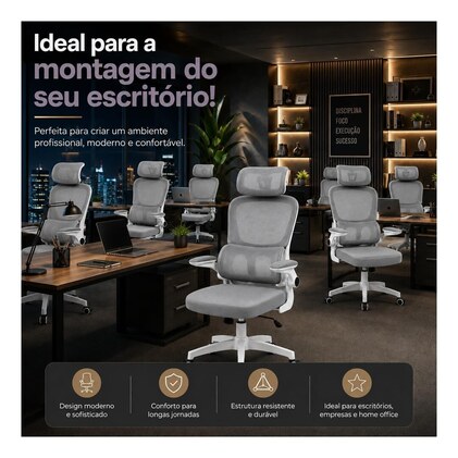 Cadeira de Escritório Suporte Lombar Ergonômico Malha Respirável Mesh Apoio Cabeça Confortavél Art Cadeiras Presidente Premium (Cinza e Branco) — imagem 5