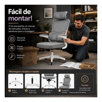 Cadeira de Escritório Suporte Lombar Ergonômico Malha Respirável Mesh Apoio Cabeça Confortavél Art Cadeiras Presidente Premium (Cinza e Branco) — imagem 6