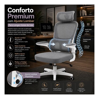 Cadeira de Escritório Suporte Lombar Ergonômico Malha Respirável Mesh Apoio Cabeça Confortavél Art Cadeiras Presidente Premium (Cinza e Branco) — imagem 7