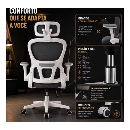 Cadeira de Escritório Suporte Lombar Ergonômico Malha Respirável Mesh Apoio Cabeça Confortavél Art Cadeiras Presidente Premium (Cinza e Branco) — imagem 8