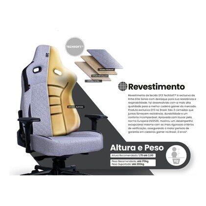 Cadeira Gamer DT3 Rhino Fabric, ergonomica e confortável em Tecido DT3 TechSoft™, espuma injetada, estrutura reforçada em aço, braços 4D+, suporta até 200kg e altura máx. de 2,00m (Cool Black) — imagem 3