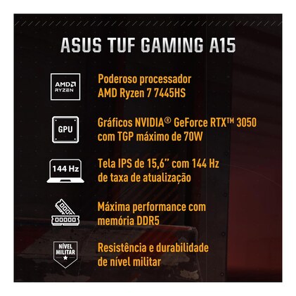 Notebook Gamer ASUS TUF Gaming A15, RTX3050 AMD RYZEN 7, 16 GB, 512 GB SSD, W11 Home, 15.6'' IPS 144Hz, Graphite Black - FA506NCG-HN217W — imagem 2