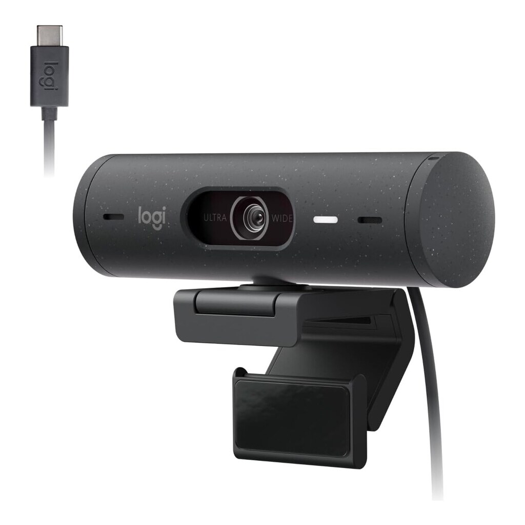 Webcam Full HD Logitech Brio 500, Câmera para PC com Microfones Duplos, Privacidade Integrada, RightLight 4 e Enquadramento Automático - Grafite