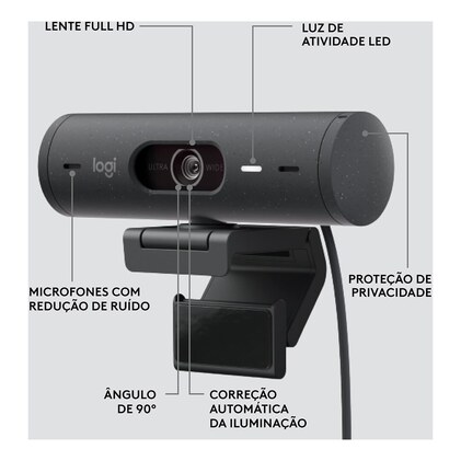 Webcam Full HD Logitech Brio 500, Câmera para PC com Microfones Duplos, Privacidade Integrada, RightLight 4 e Enquadramento Automático - Grafite — imagem 8
